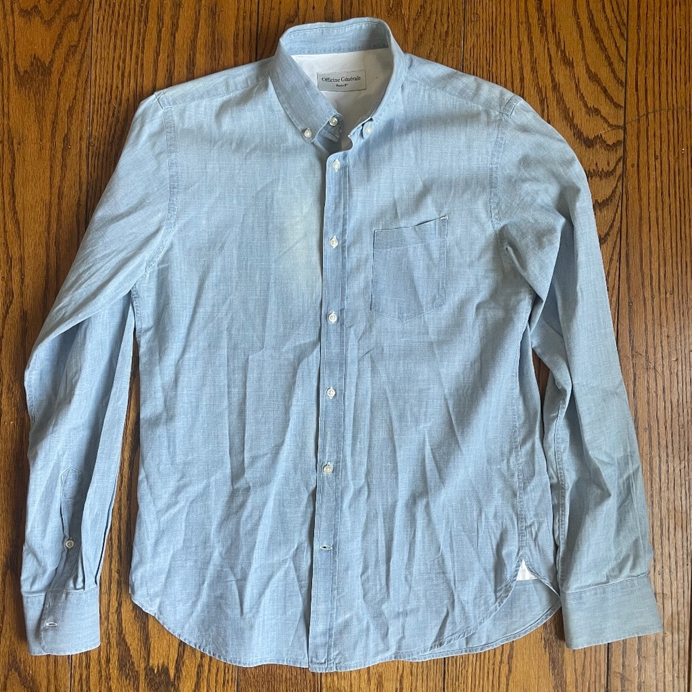 Officine General Officine Générale light blue chambray button down collar shirt